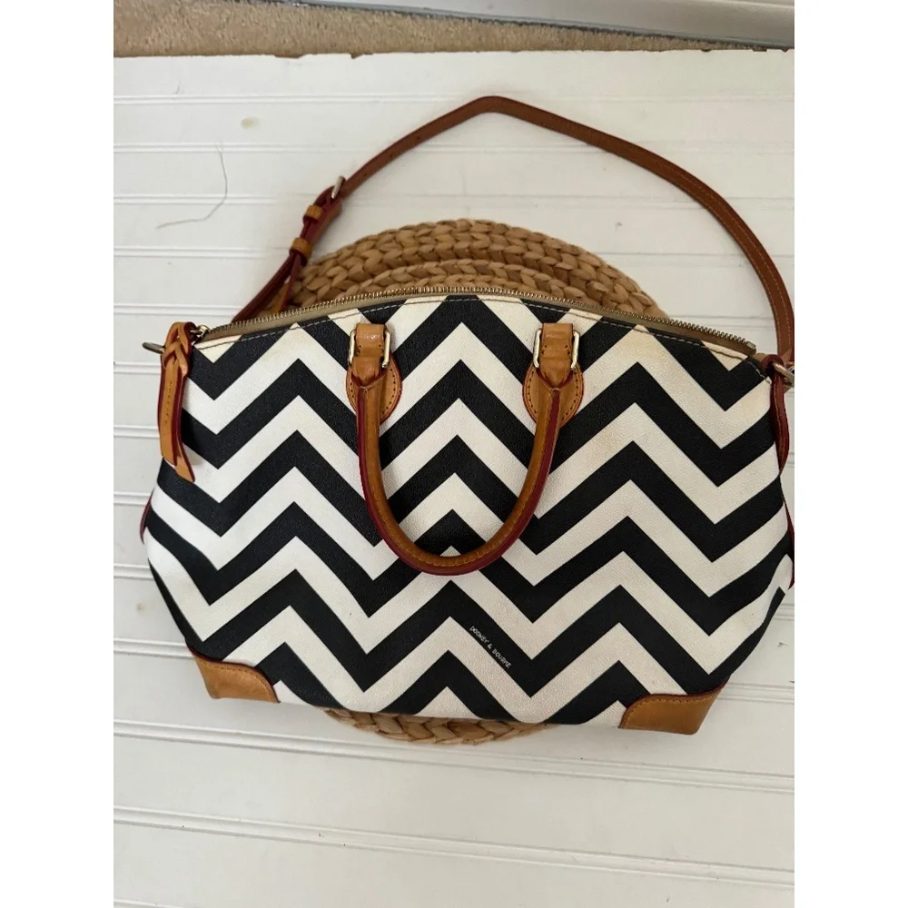 Dooney & Bourke Chevron Leather Satchel Bag Black and White Geometric